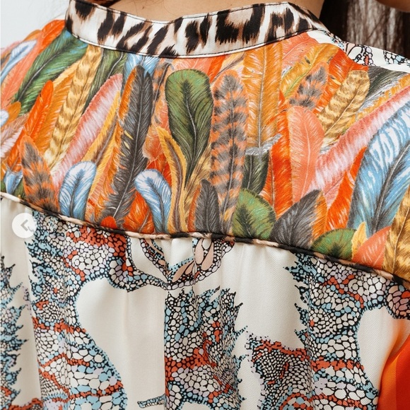 La Prestic Ouiston Romee Silk Blouse Popover Top Mixed Print Bird Snake Leopard - Picture 15 of 16